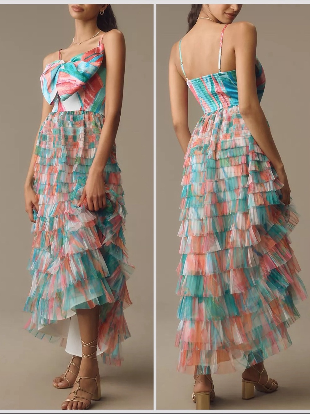 NWT Anthropologie Hutch Bow Tiered Tulle Mesh Maxi Dress Pink Blue Sz 8P